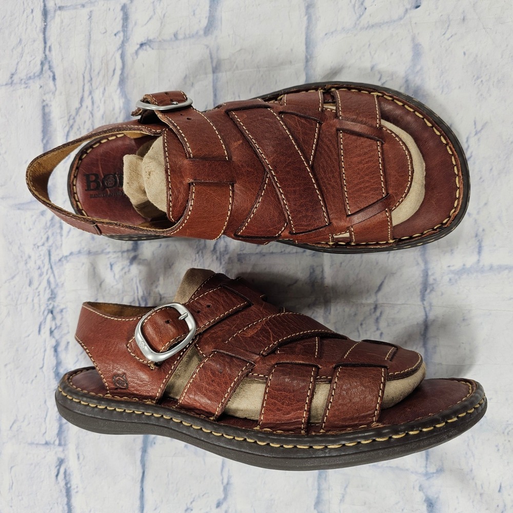 Born Fisherman Sandals Mens 8 Brown Leather Handcrafted Buckle Strappy Summer